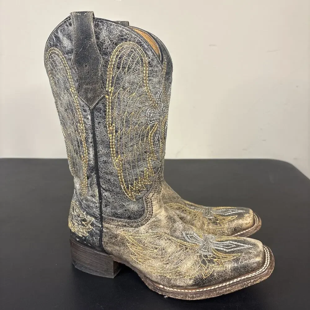 Corral Teen Girl's Distressed Black Cross and Wings Western Boot 4.5